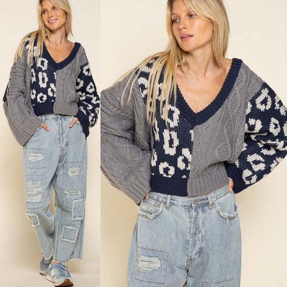 NEW POL Mix Leopard Cable Knit Deep V Neck Oversize Slouchy Pullover Sweater Top - Picture 4 of 10